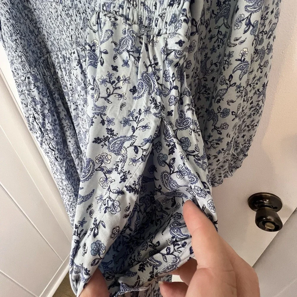 Boho Cottagecore‎ Floral Peasant Dress XXL Smocked Babydoll Blue White